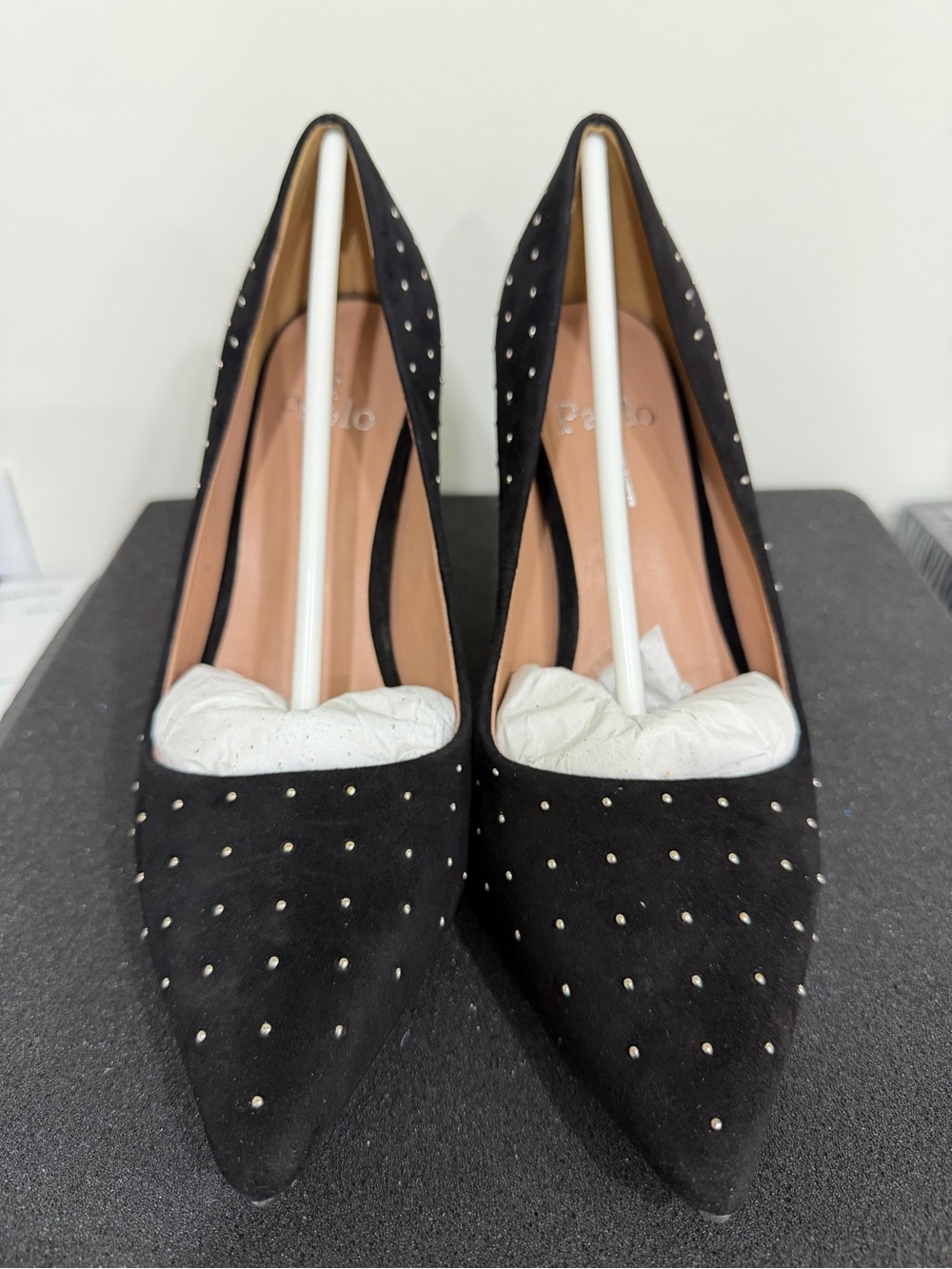 Paolo Gorgeous Black Pointed-Toe Studded Pumps